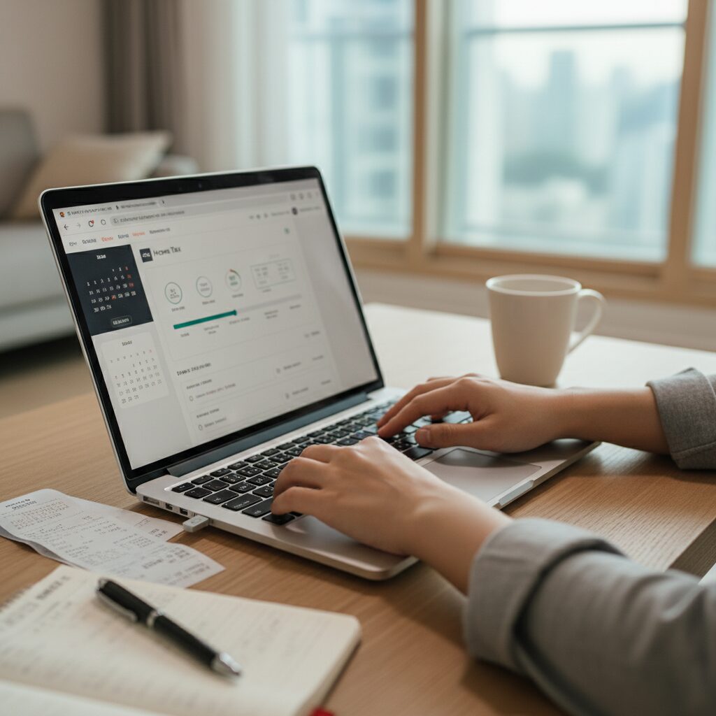 노트북으로 연말정산 홈택스를 작성하는 여성의 손