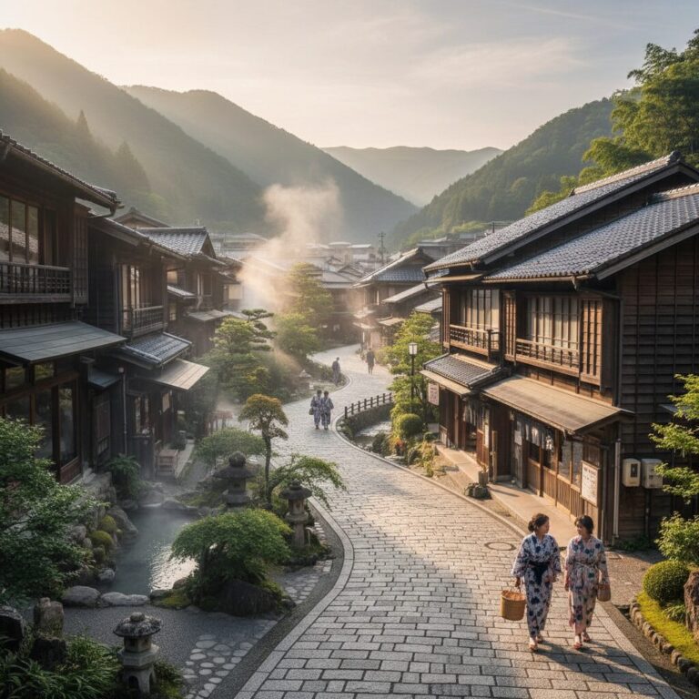 우레시노 온천 마을 전경 전통 가옥과 조용한 거리