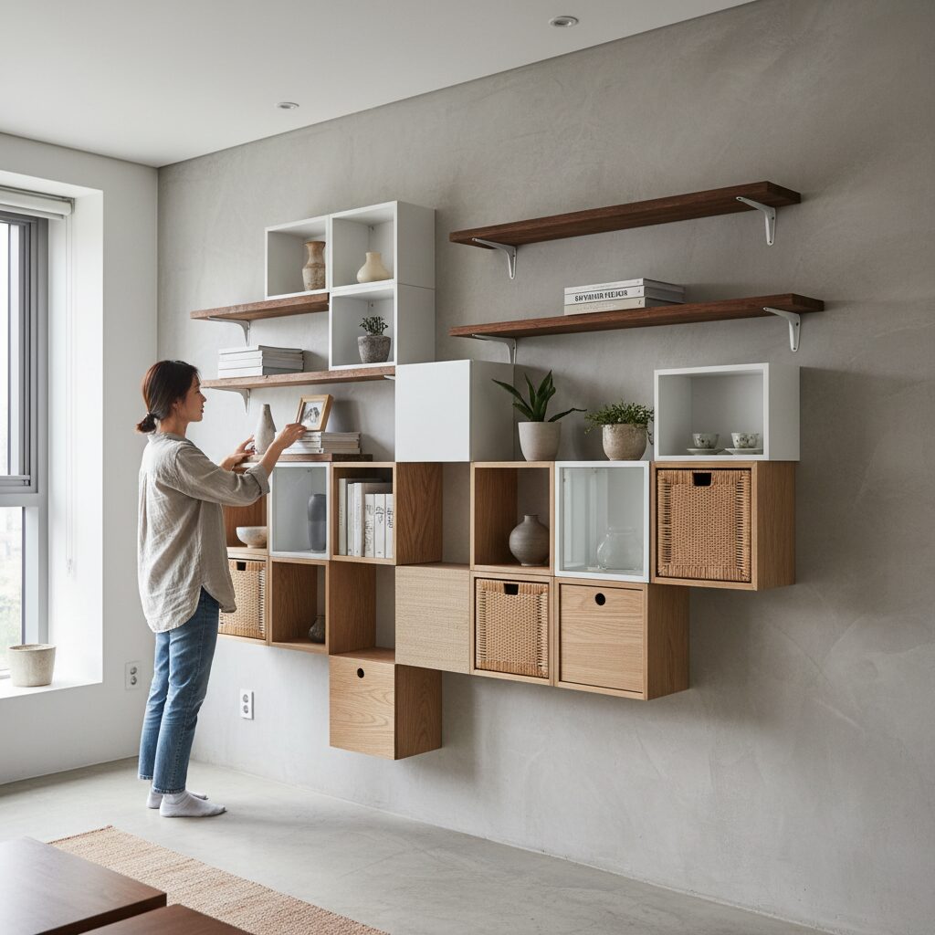 벽면을 활용한 다양한 디자인의 선반과 수납박스
