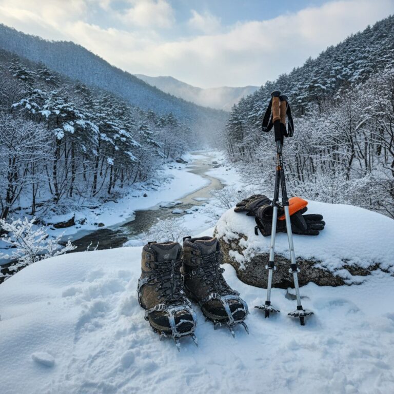 겨울 등산 장비 세트 아이젠 스틱 장갑