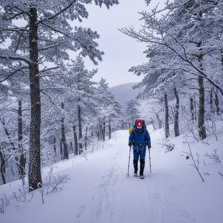 눈이 덮인 겨울 산림 속 등산로를 걷는 모습