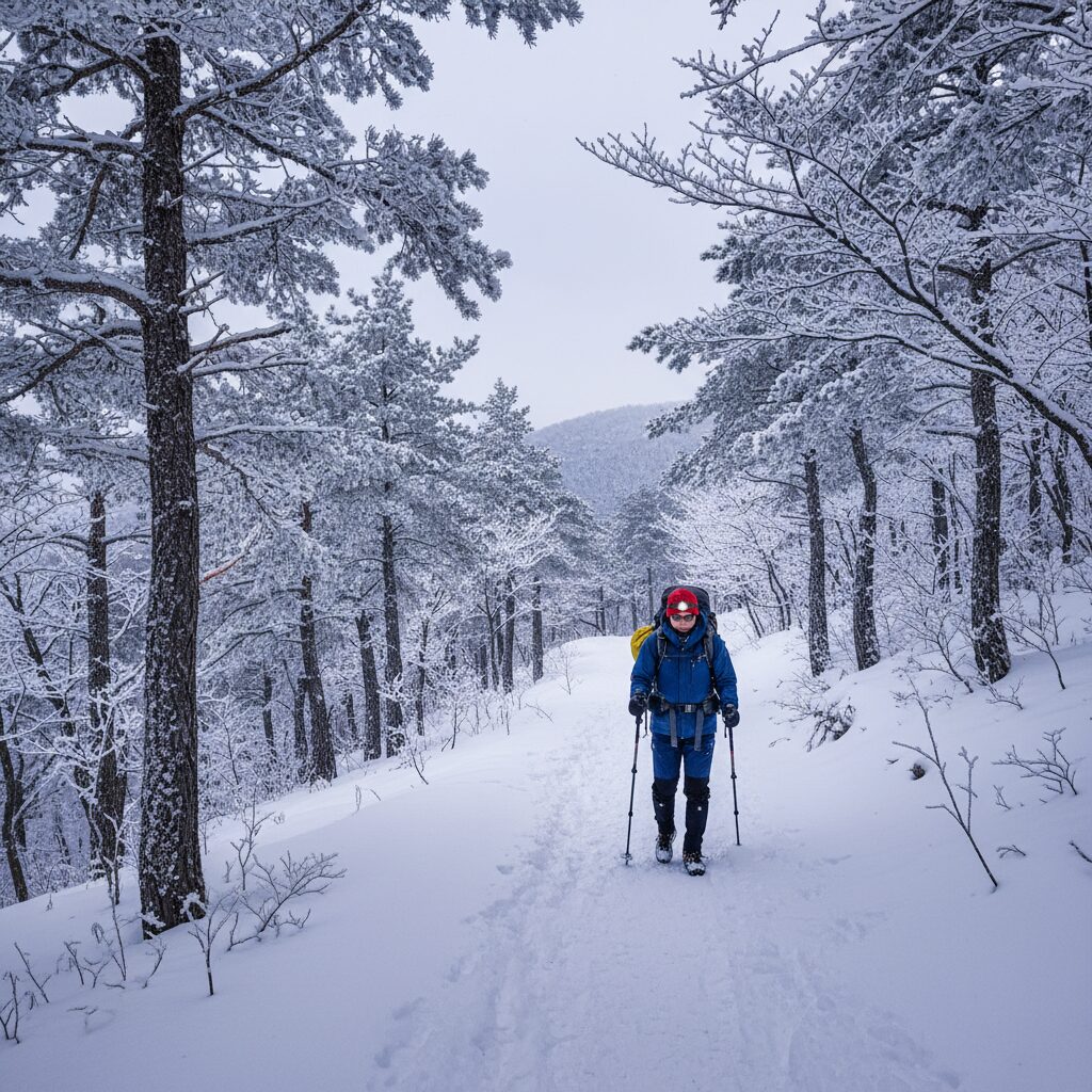 눈이 덮인 겨울 산림 속 등산로를 걷는 모습
