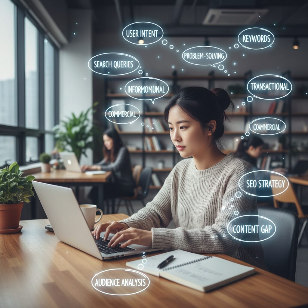 노트북 앞에서 검색 의도를 분석하는 여성, 주변에 생각 말풍선과 키워드들이 흩어져 있음