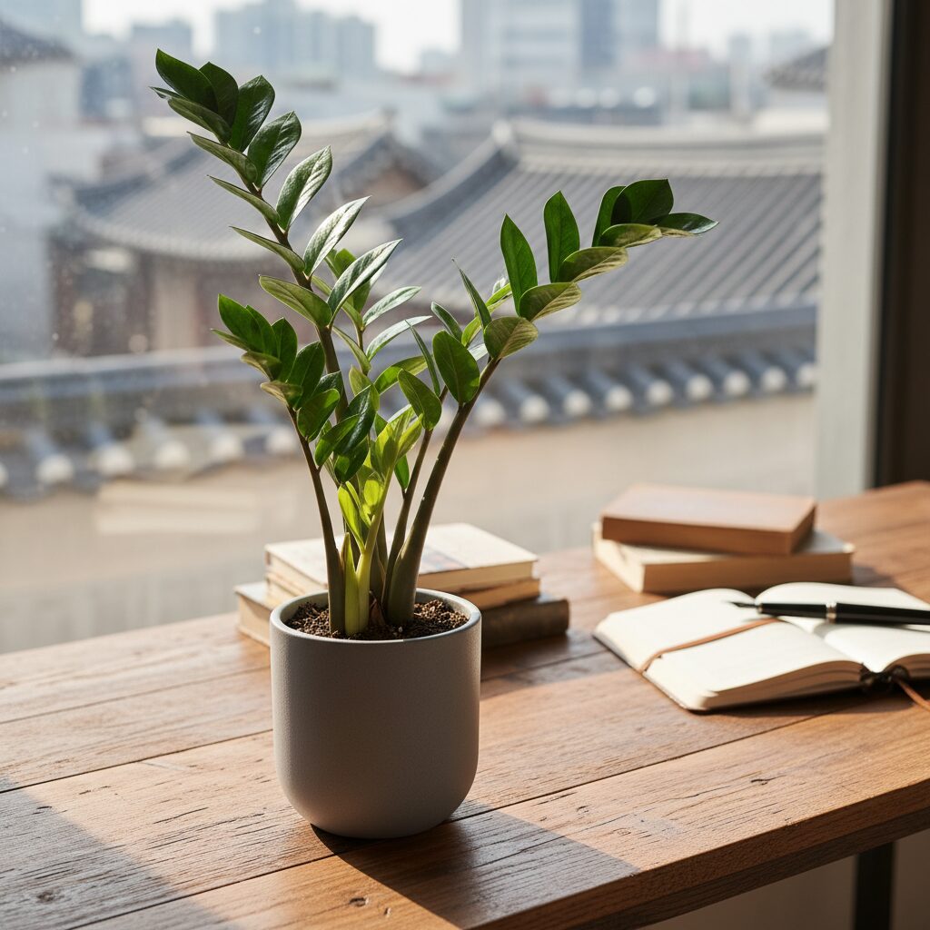 나무 책상 위에 놓인 ZZ 플랜트