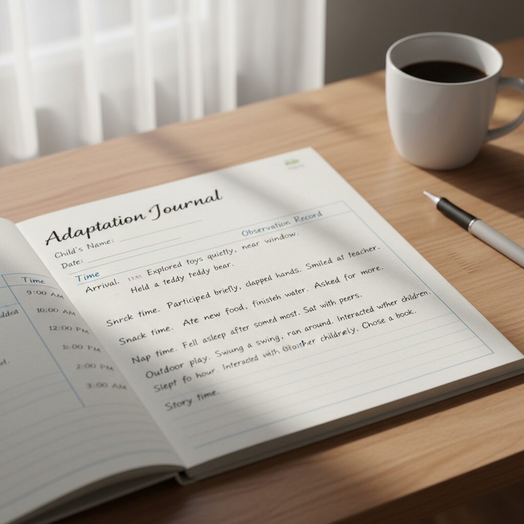 신입원아 적응일지 예시 페이지로 시간대별로 구분된 관찰 기록이 적혀있음