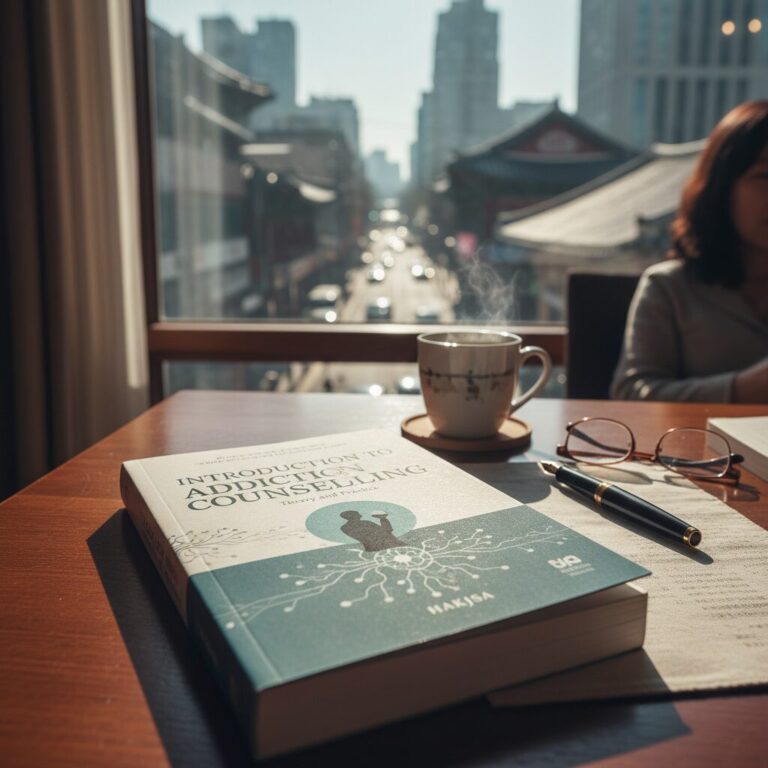 학지사 출판 중독상담학개론 책 표지가 놓인 책상