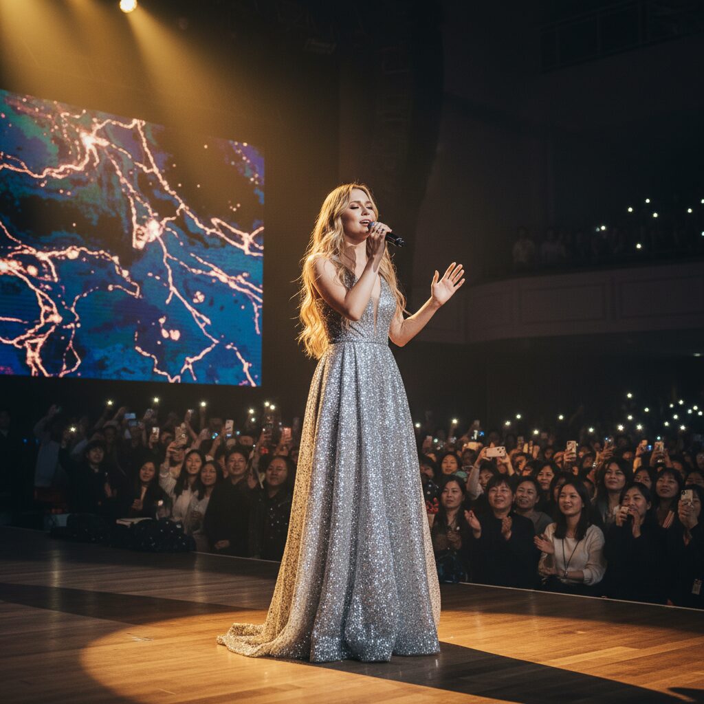 안젤리나 다닐로바 성공 비결 파헤치기 안젤리나 다닐로바가 무대에서 노래를 부르고 있는 모습