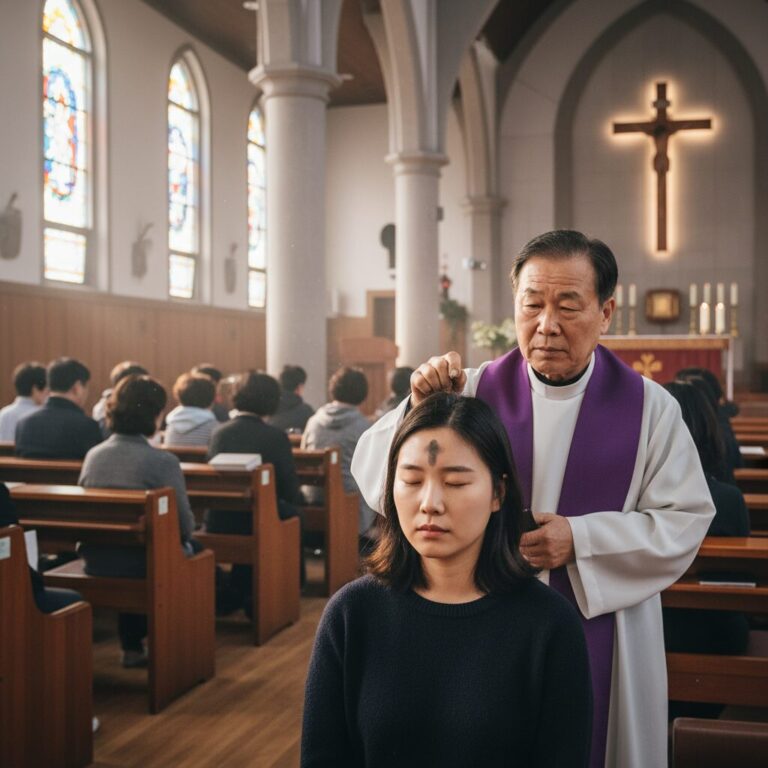이마에 재를 바르는 재의 수요일 예식 모습