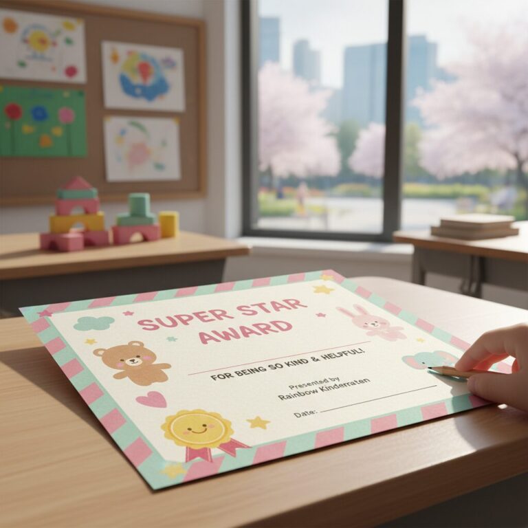 핑크와 민트 색상의 귀여운 어린이집 칭찬 상장 디자인 예시