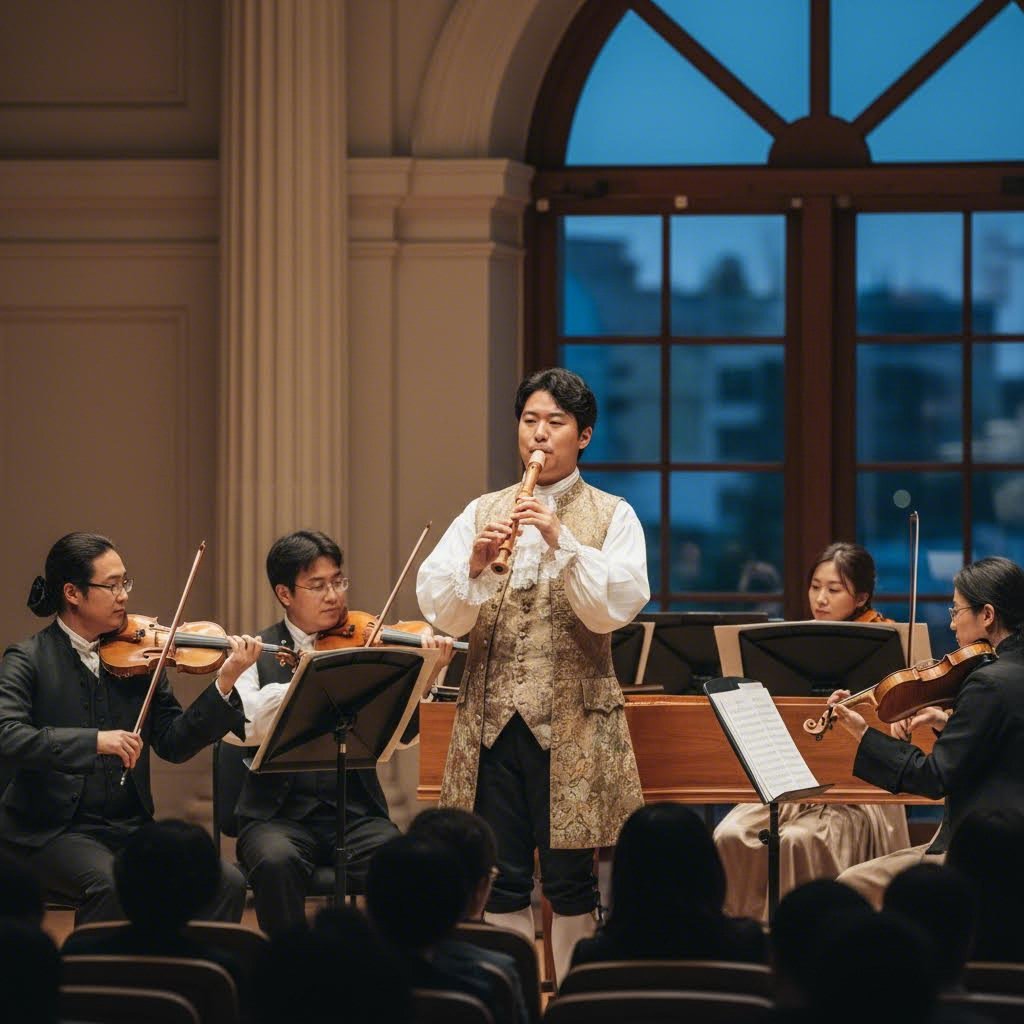 바로크 리코더 연주자 전현호가 앙상블과 함께 공연하는 모습