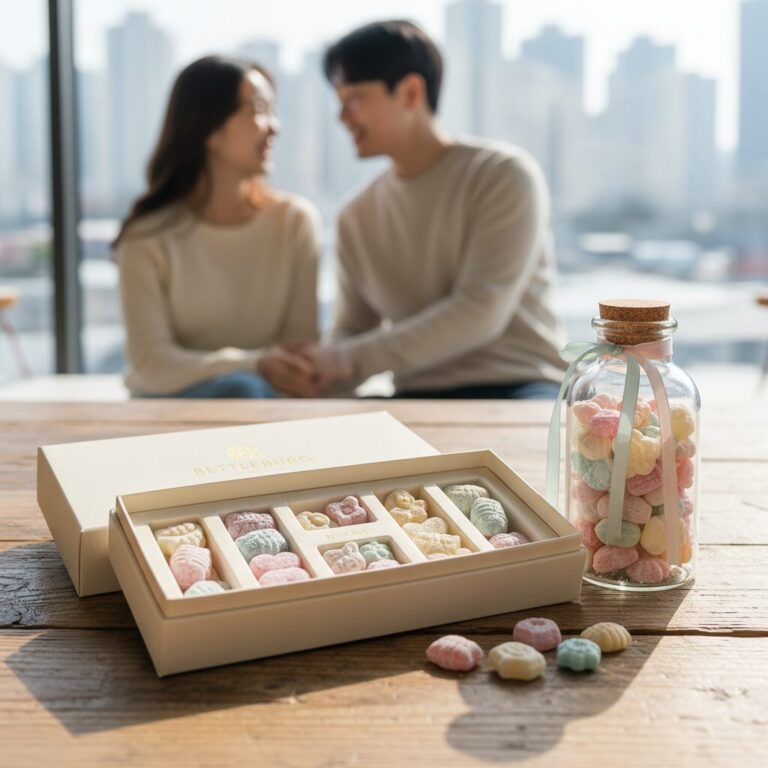 비틀버그 화이트데이 기프트 세트 상자와 보틀에 담긴 수제 사탕들