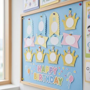 생일환경판에 붙일 수 있는 리본과 왕관 모양의 이름표 도안 예시
