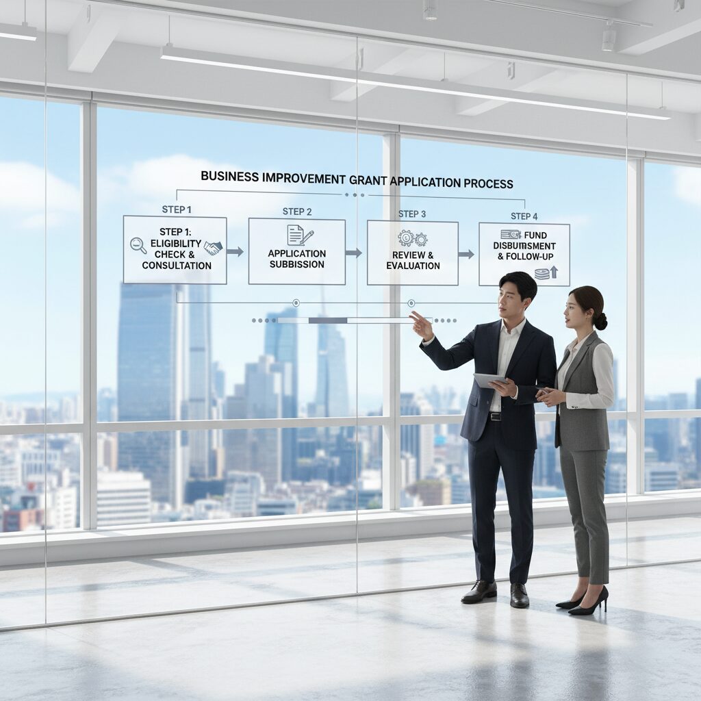 경영개선지원금 신청 단계를 나타낸 인포그래픽 다이어그램
