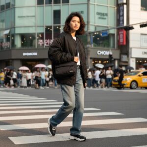 블랙 바이모스 나일론 크로스백을 어깨에 멘 스타일 사진