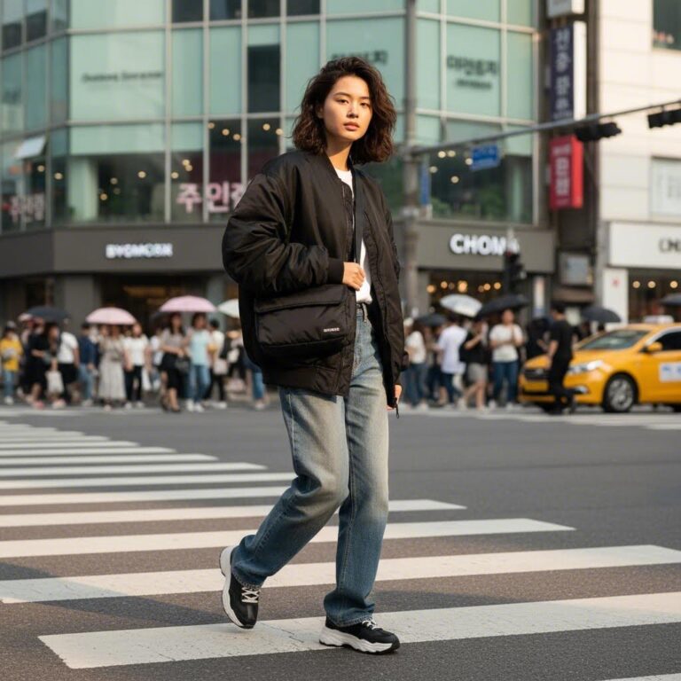 블랙 바이모스 나일론 크로스백을 어깨에 멘 스타일 사진