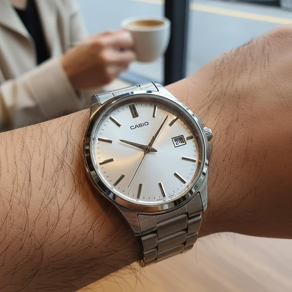 카시오 MTP 195의 깔끔한 아날로그 다이얼과 바 인덱스, 날짜창이 보이는 클로즈업 사진