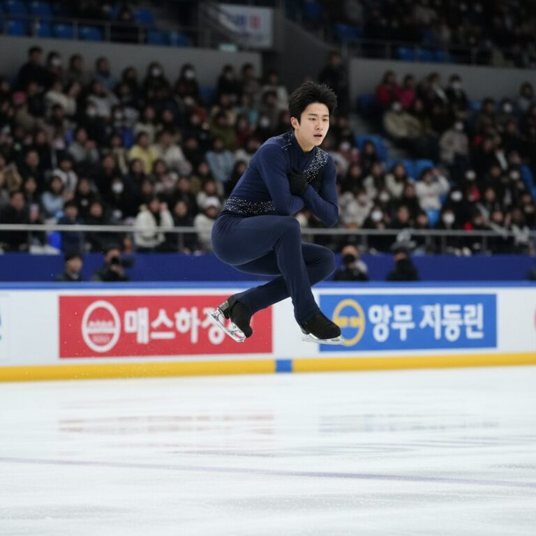 차준환 선수가 빙판 위에서 점프를 수행하는 모습