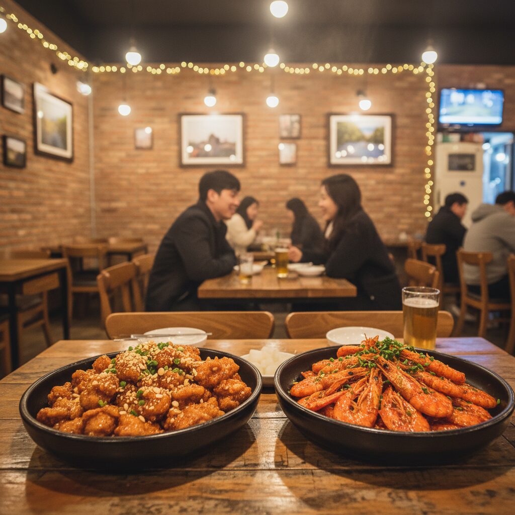 마포공덕점 내부의 아늑한 분위기와 맛있는 닭강정과 새우강정이 놓인 테이블 모습