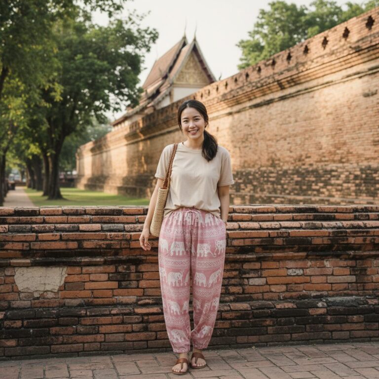 치앙마이 옛 성벽 앞에서 핑크 코끼리바지와 베이지 티셔츠를 입은 여성의 패션