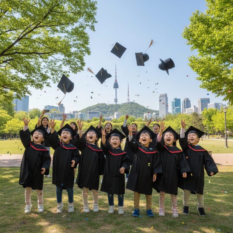 졸업 가운을 입은 아이들이 모자를 공중에 날리는 순간