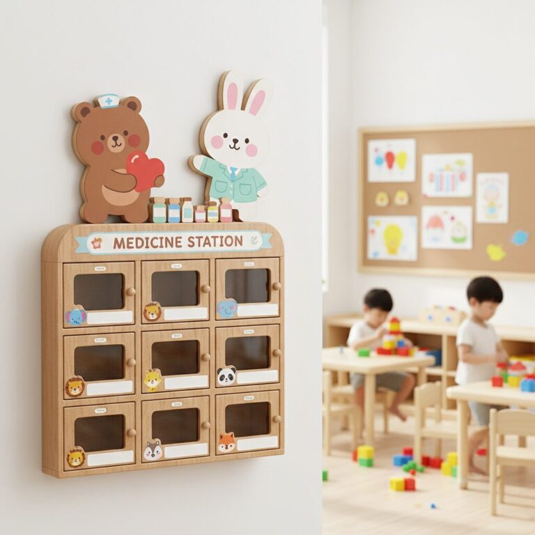 귀여운 곰돌이와 토끼 캐릭터가 그려진 어린이집 투약함 도안 예시