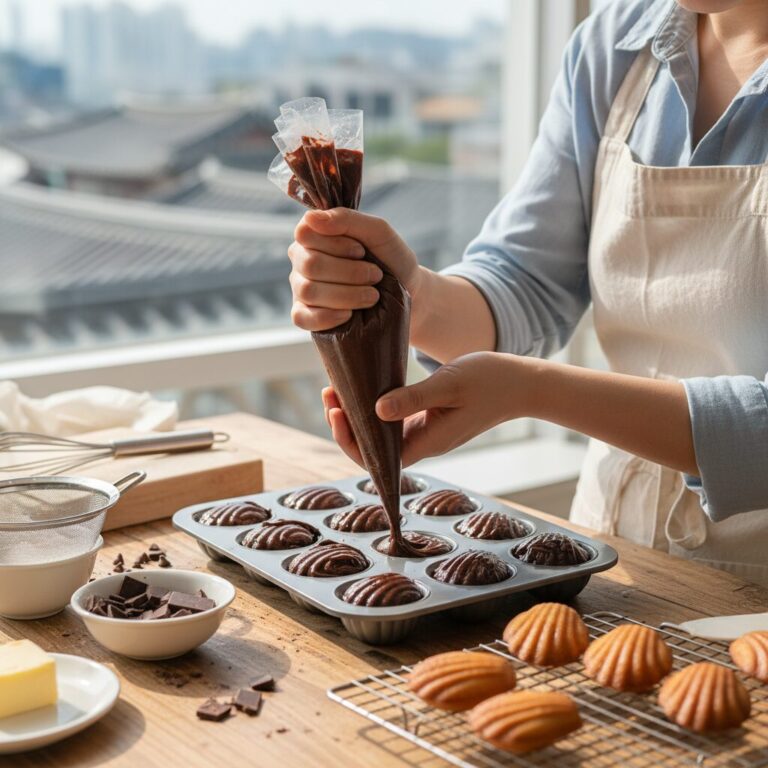 주노샌드에서 초코마들렌 반죽을 마들렌 틀에 짜는 모습