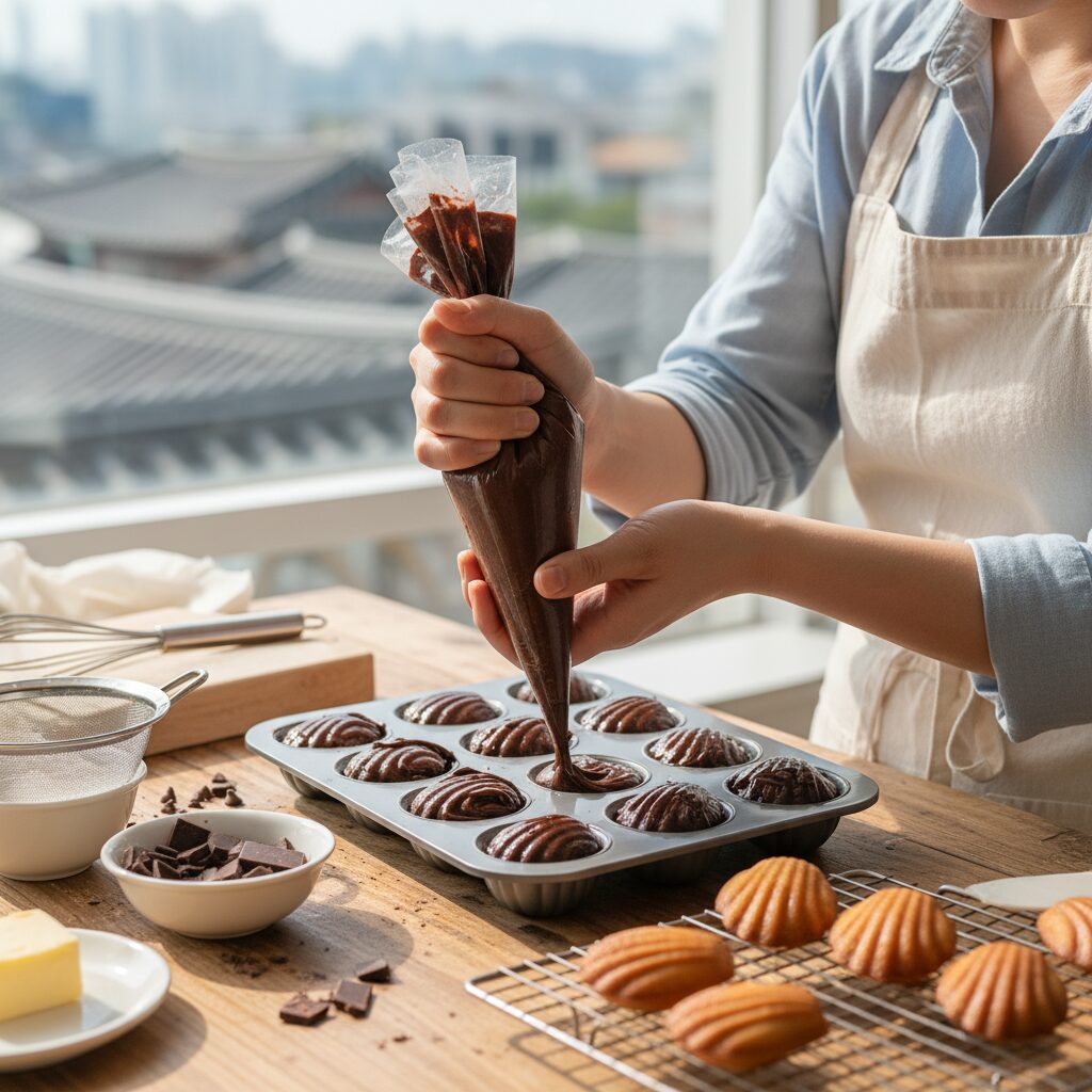 핸드메이드 화이트데이 초코마들렌 만들기 주노샌드에서 초코마들렌 반죽을 마들렌 틀에 짜는 모습