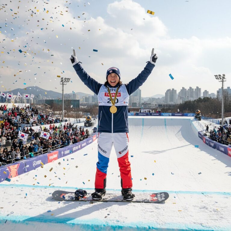 최가온 하프파이프 금메달 획득 후 환호하는 모습
