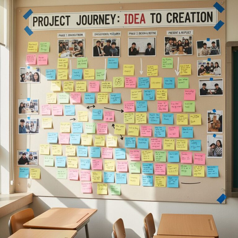 교실 벽면에 학습 과정을 단계별로 포스트잇과 사진으로 문서화하여 전시한 모습