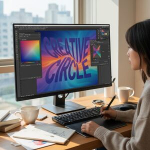 포토샵 화면에서 그레이디언트 맵과 텍스트 왜곡 기능을 사용해 동아리 포스터를 제작하는 과정