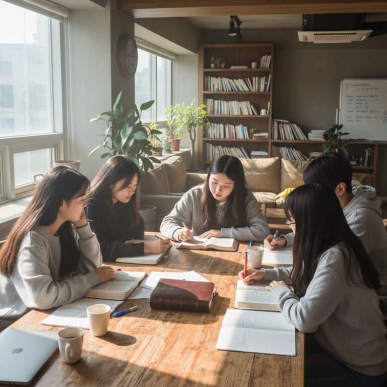 대학교 기독교 동아리 학생들이 함께 성경공부를 하고 있는 모습