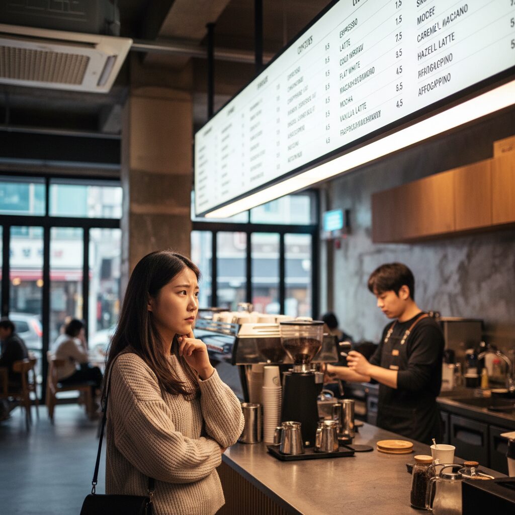 다양한 커피 메뉴 앞에서 고민하는 소비자