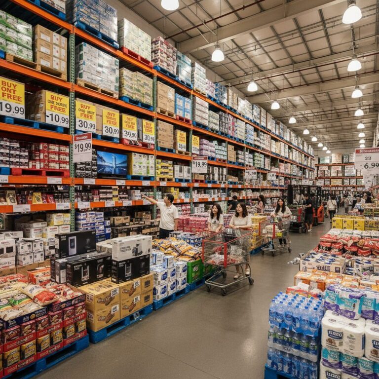 코스트코 매장 내 다양한 할인 상품이 진열된 모습