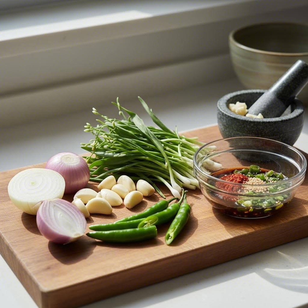 달래와 마늘 청양고추 양파 등 양념장 재료가 준비된 사진
