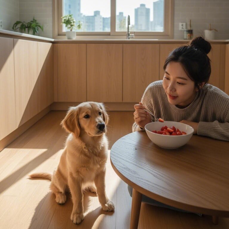 작게 썰어 놓은 딸기와 강아지가 기다리는 모습
