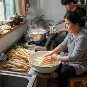 물에 씻고 데치는 도라지 손질 과정
