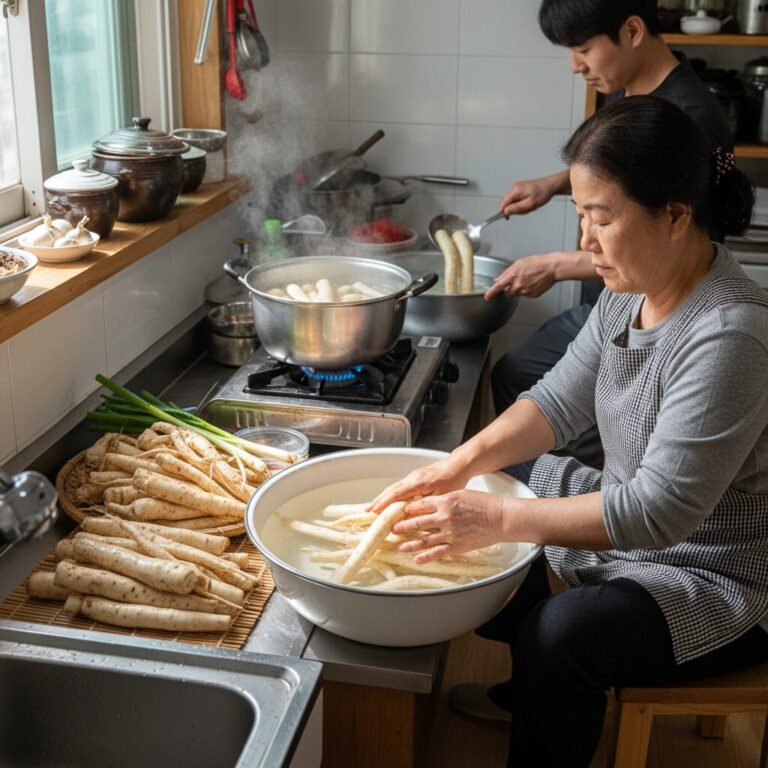 물에 씻고 데치는 도라지 손질 과정