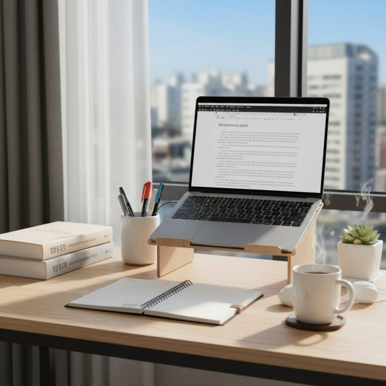 기숙사 책상 위에 정리된 노트북 책 필기구와 커피잔이 놓여 있는 모습