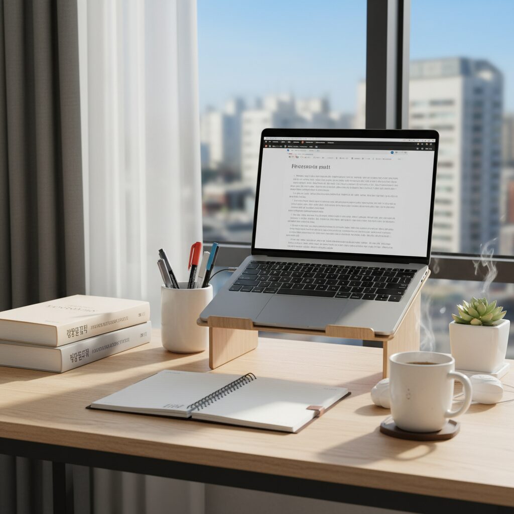 기숙사 책상 위에 정리된 노트북 책 필기구와 커피잔이 놓여 있는 모습