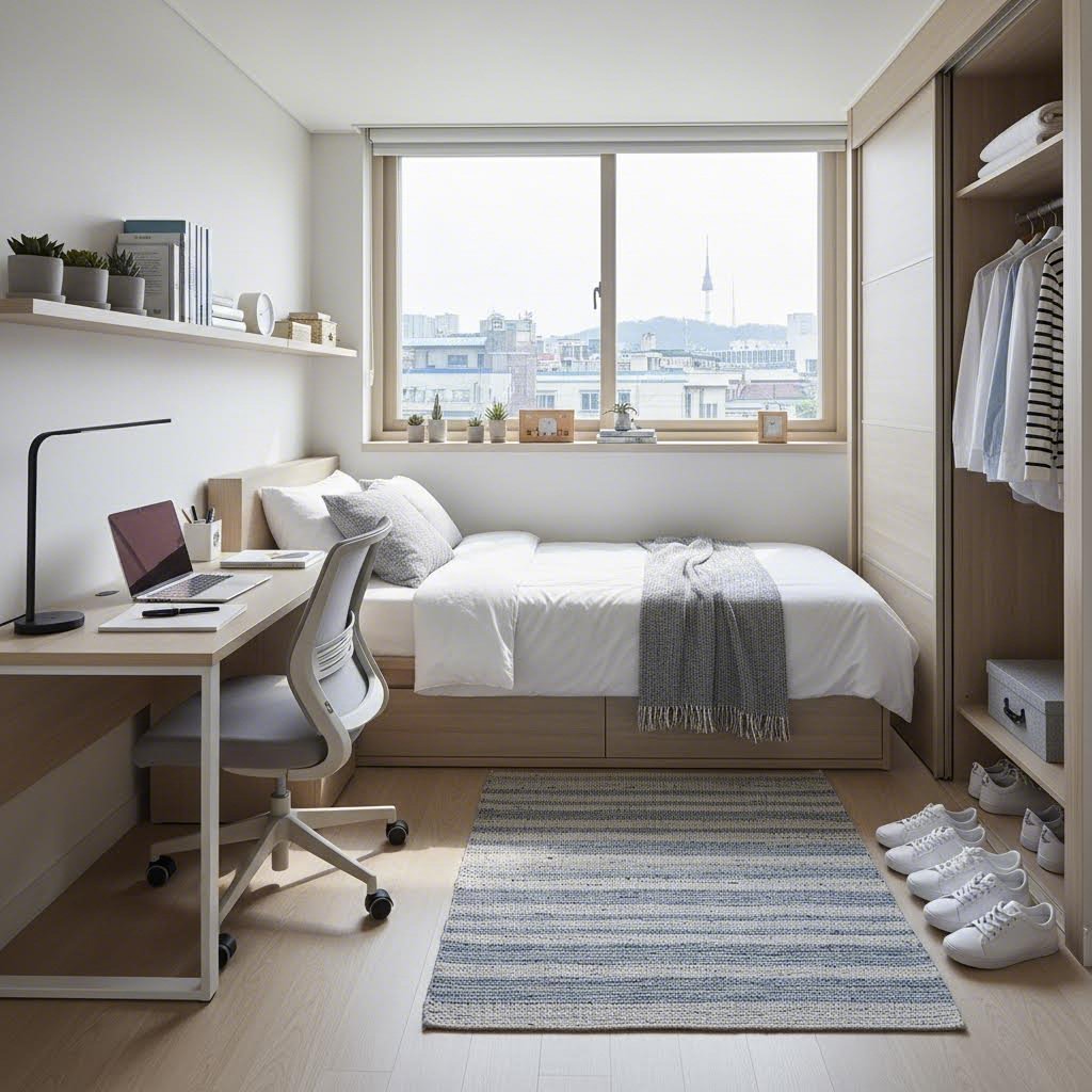 깔끔하게 정리된 기숙사 방 내부 인테리어