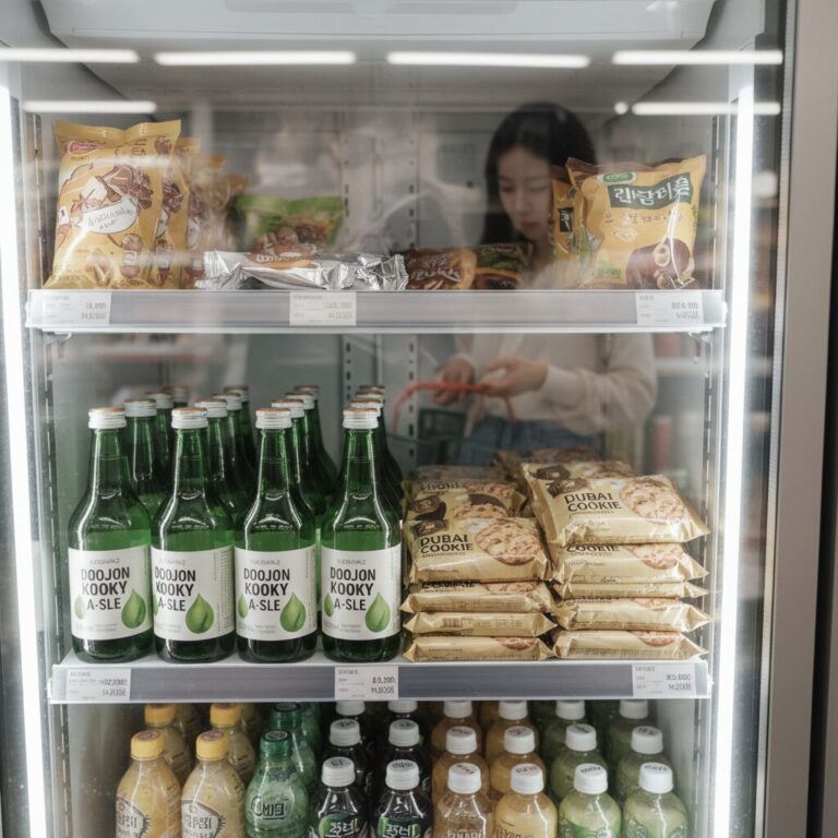 편의점 냉장고에 진열된 두쫀쿠향에이슬 병과 두바이 쫀득 쿠키