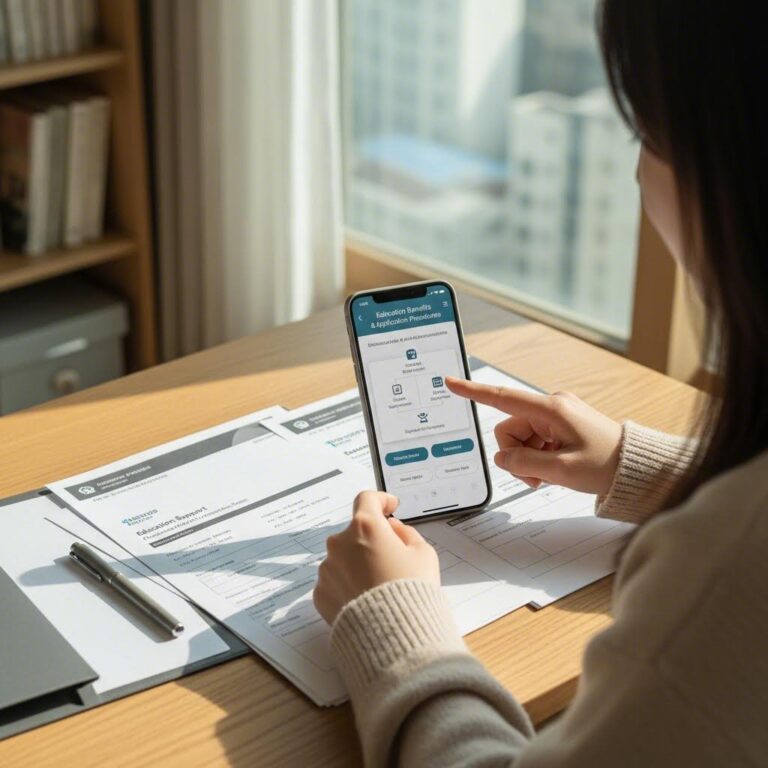 교육급여와 교육비 신청 방법을 설명하는 모바일 화면과 서류 이미지