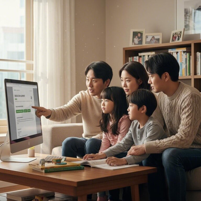 가족이 함께 컴퓨터로 교육비 지원 정보를 검색하고 있는 모습