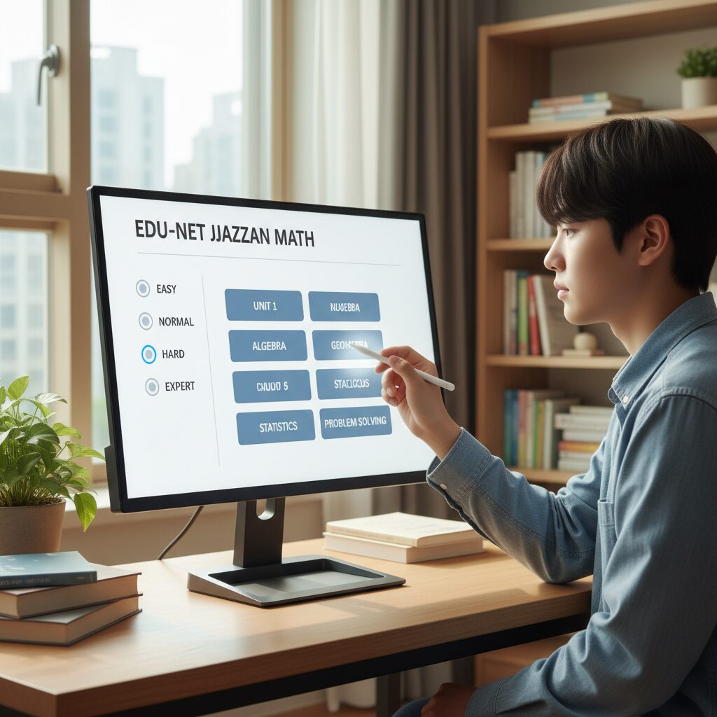 에듀넷 짜잔수학 화면으로 난이도와 단원을 선택하는 모습