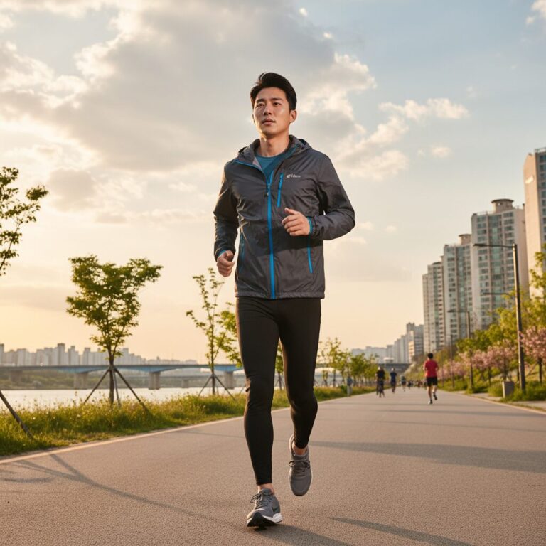 아이더 모멘텀 플렉션 2.5L 방풍자켓을 입고 러닝하는 모습