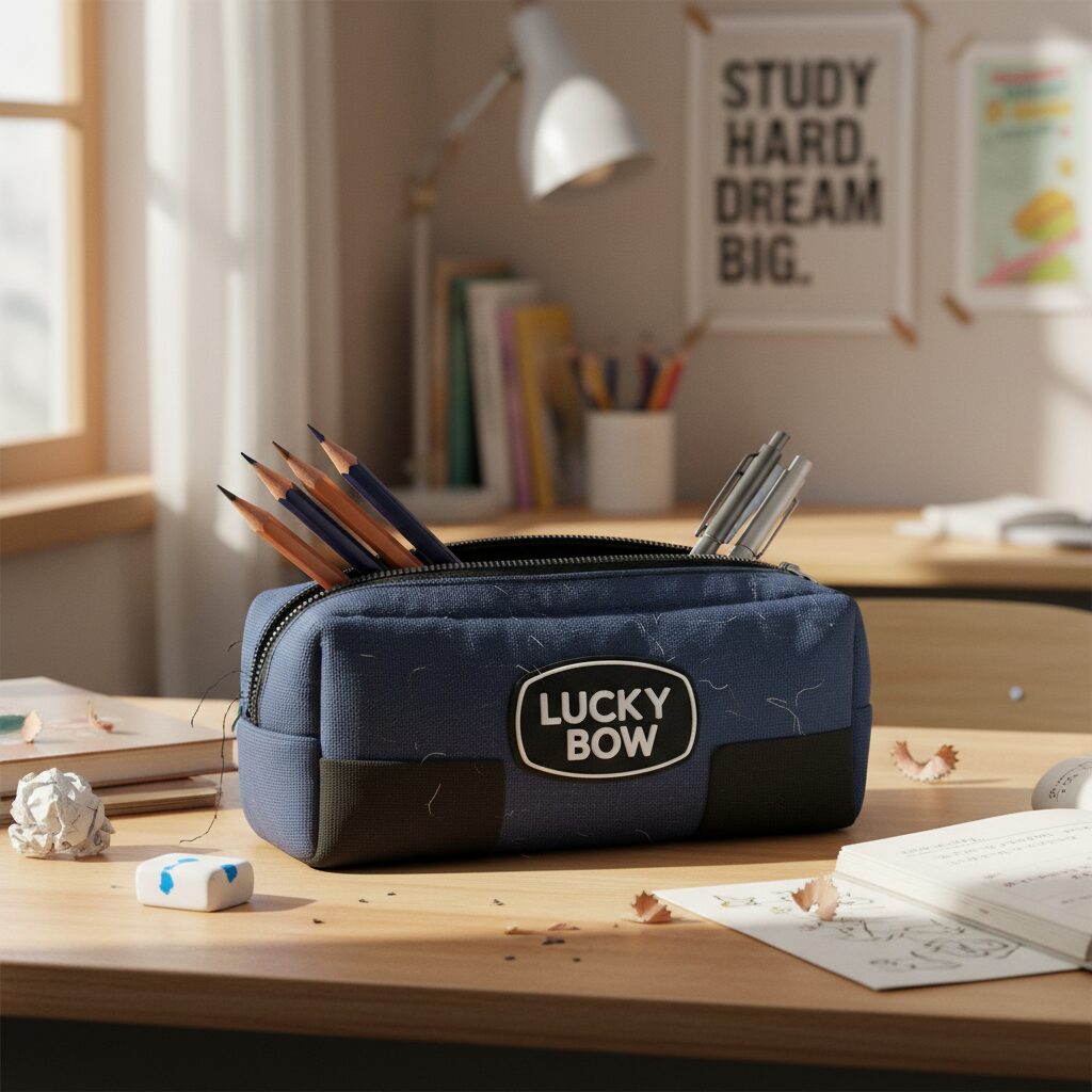 초등학생 실용적인 필통 선택 팁과 추천 블루와 블랙 컬러의 럭키보우 파우치형 필통이 책상 위에 놓여 있고, 연필과 지우개가 꽂혀 있다