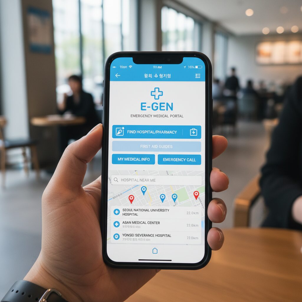2026 설 연휴 E-Gen으로 응급실 약국 찾기 모바일 화면에 표시된 응급의료포털 E-Gen 앱의 메인 화면과 지도 검색 결과