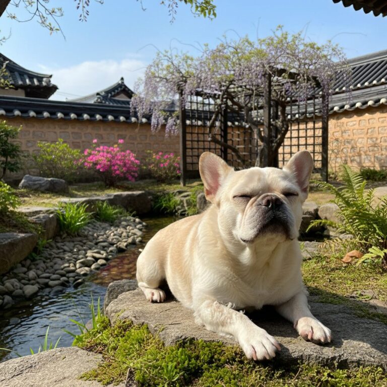 털이 길고 부드러운 장모 프렌치불독이 정원에서 햇살을 받고 있는 모습