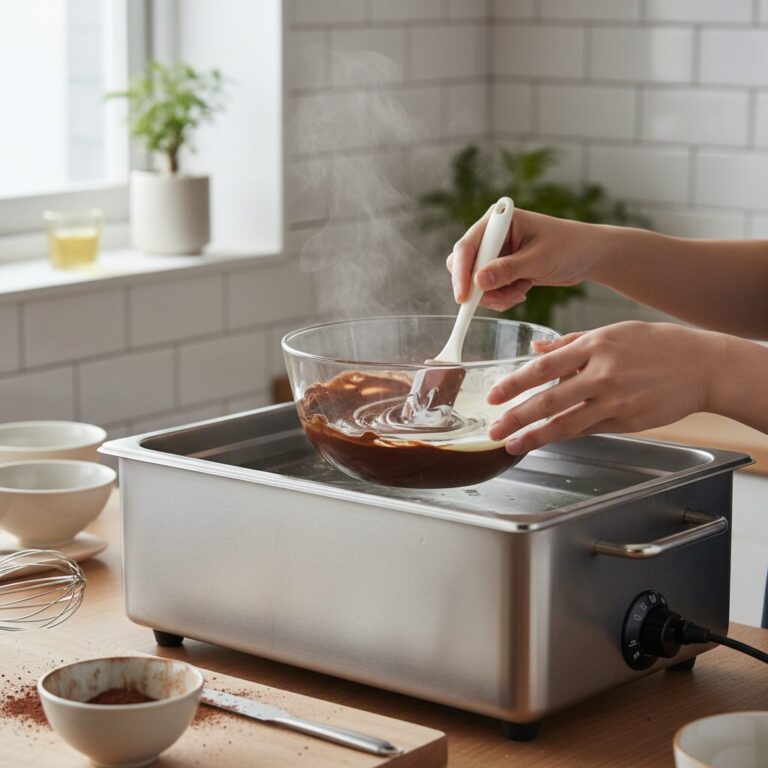푸드워머 위에 초콜릿과 생크림을 중탕하는 모습