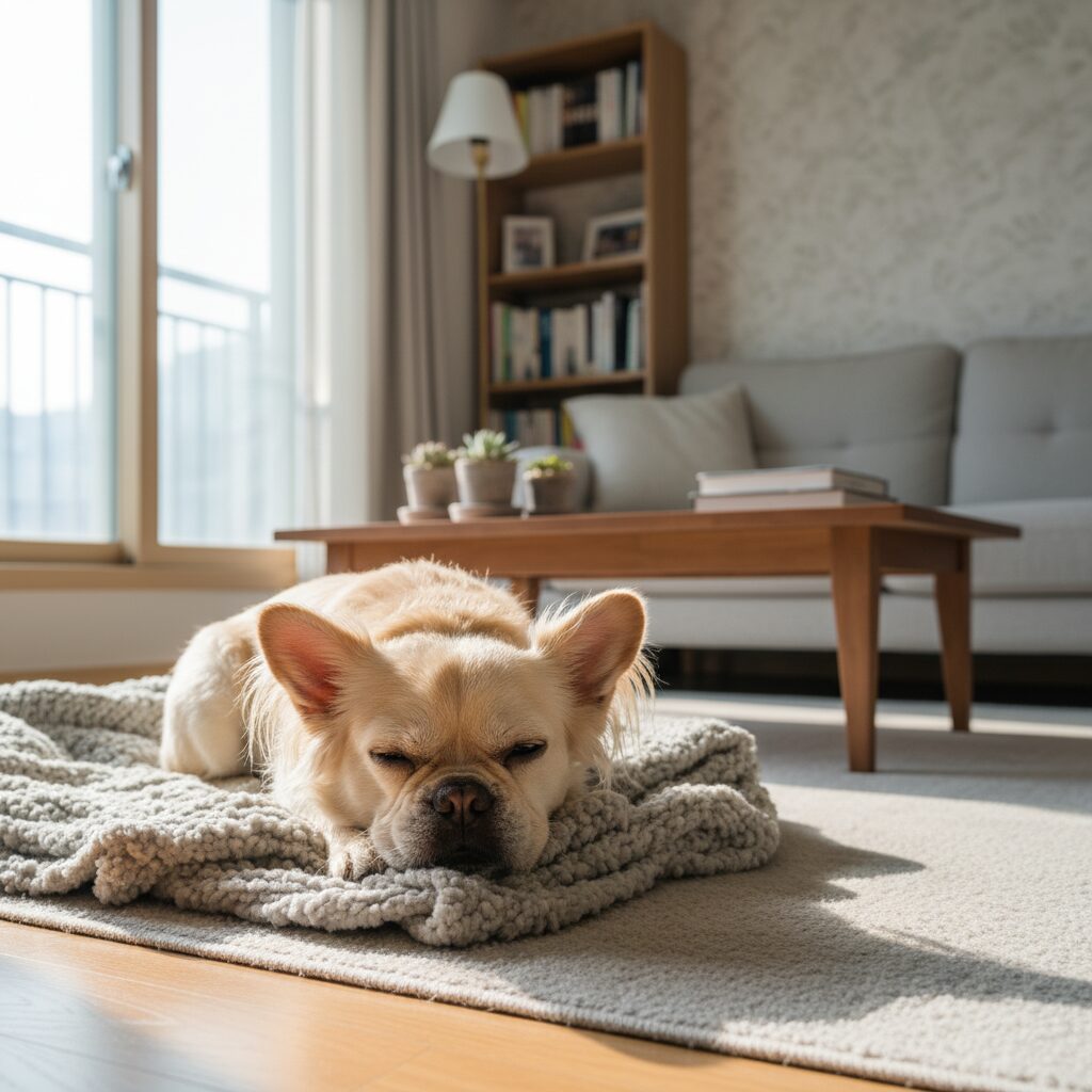 장모 프렌치불독이 집 안에서 편안하게 휴식을 취하고 있는 모습